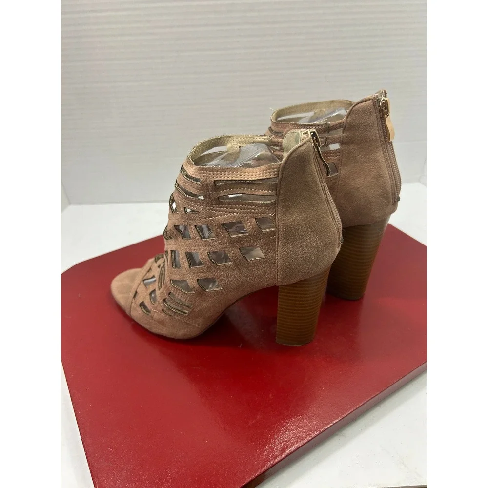 Hot Kiss Laser Cut Cage Bootie 8 Tan Faux Suede Block Heel Gladiator Boho Edgy